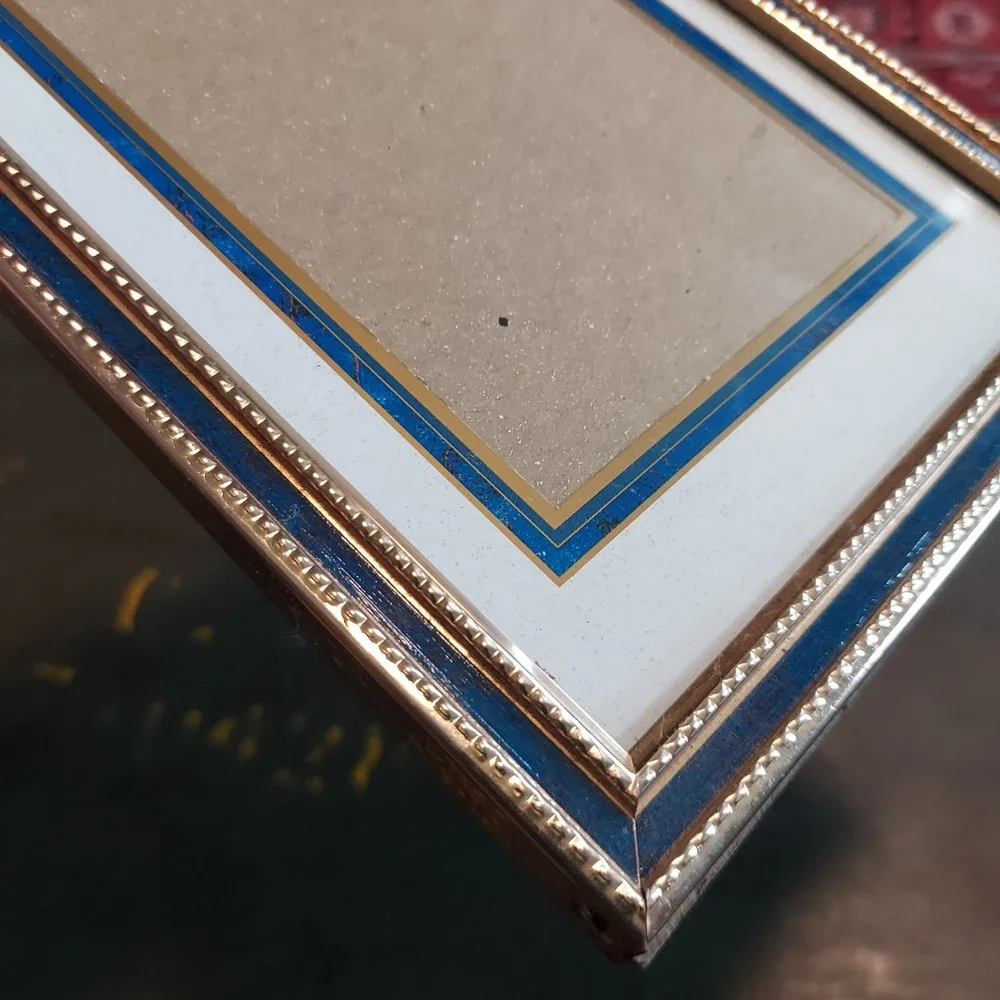 Vintage Style Gold Tone Blue Enamel 5x7 Tabletop Photo Frame Classic Decor Class